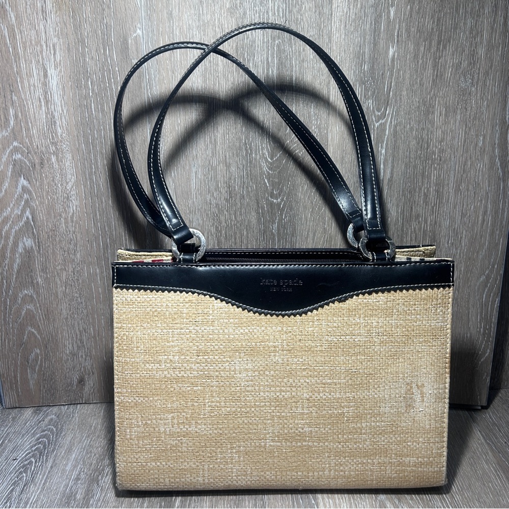 kate spade Black and Natural Straw Tote Shoulder Bag